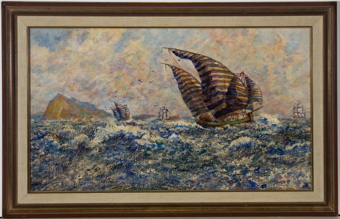 Framed 20th Century Oil - Naval Ship Scene