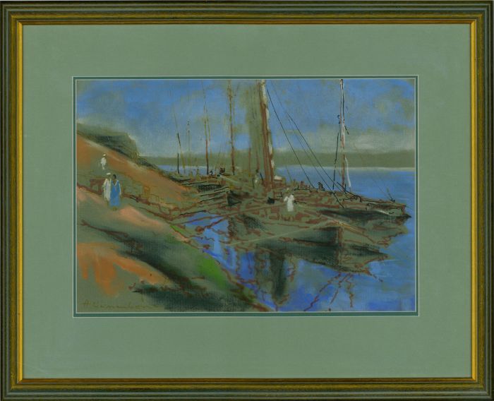 H. Wiesenbaum - 20th Century Pastel, Boats Moored at Harbour