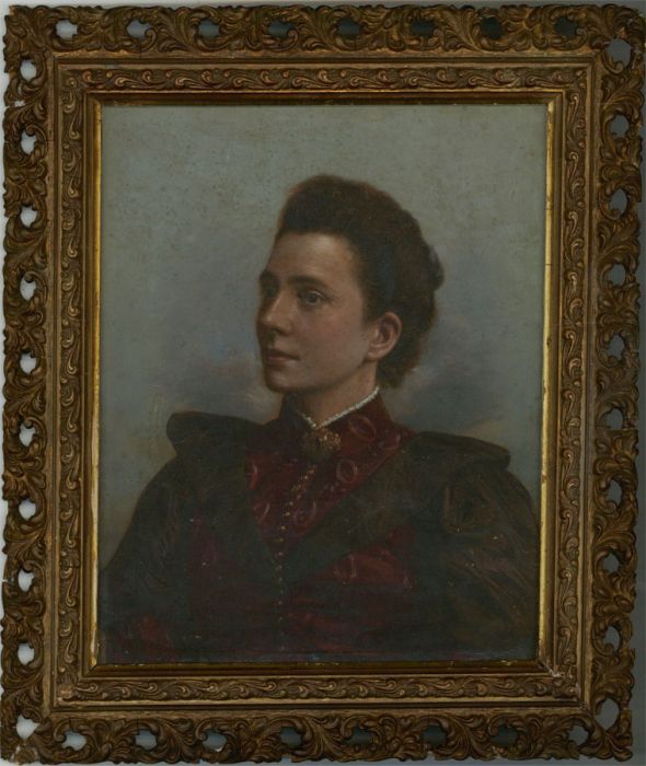 Framed 19th Century Oil on Printed Base - Portrait of a Victorian Lady