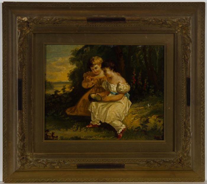 Framed 19th Century Oil - Two Children with a Birds Nest