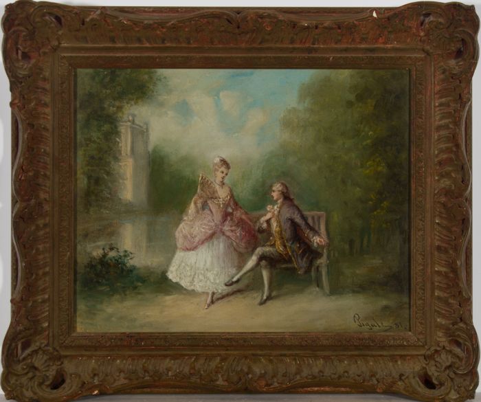 Pigale - Signed & Framed 1881 Oil, Noble Gentleman with a Lady by a Lake