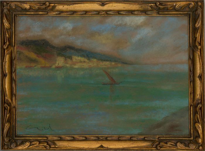 Framed Mid 20th Century Pastel - Seascape in Carved Wooden Frame