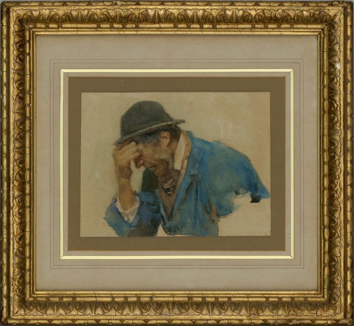 Signed & Framed 1880 Watercolour - Portrait of a Tired Man