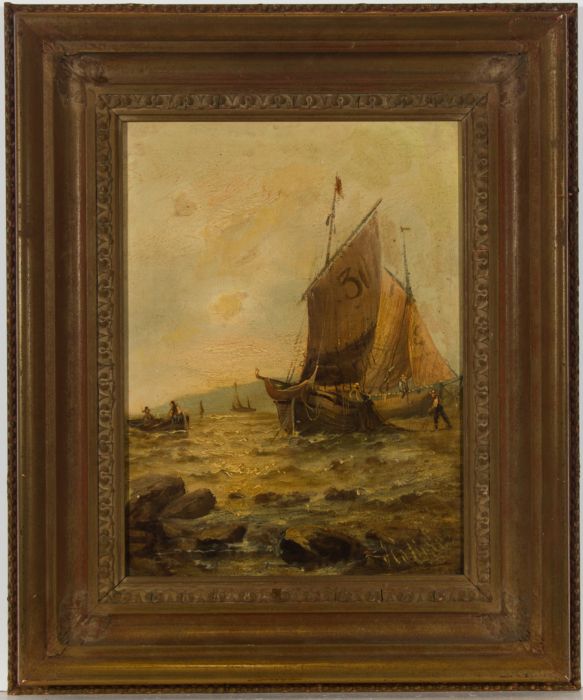 Framed Late 19th Century Oil - Fishing Boats Heading Out To Sea