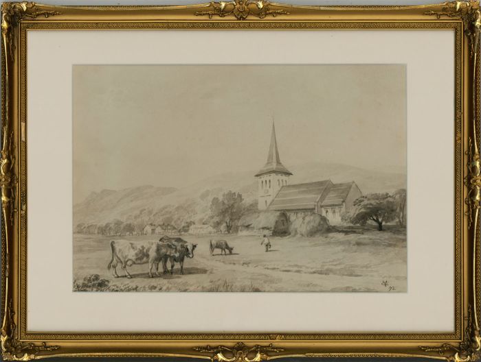 Y.G. - 1892 Watercolour, Country Church with Cattle