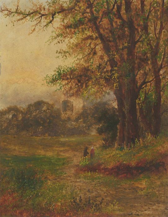 Alfred Ellis - 1883 Oil, Autumnal Landscape with Figures