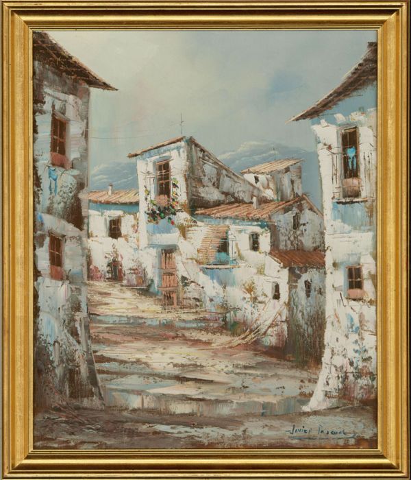 Javier Pascuale - Signed & Framed Contemporary Oil, Continental Street Scene