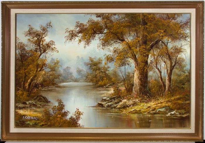 Irene Cafieri - Signed & Framed Contemporary Oil, The River in Autumn