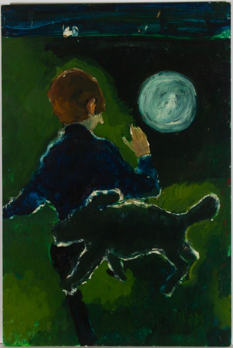John Cherrington (1931-2015) - 20th Century Oil, Boy and Dog by Moonlight