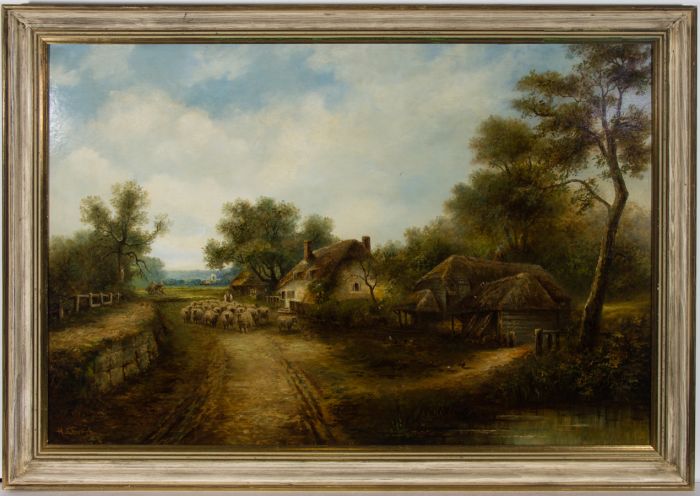 Hugh Church - Framed Late 19th Century Oil, Rural Thatched Cottage & Sheep