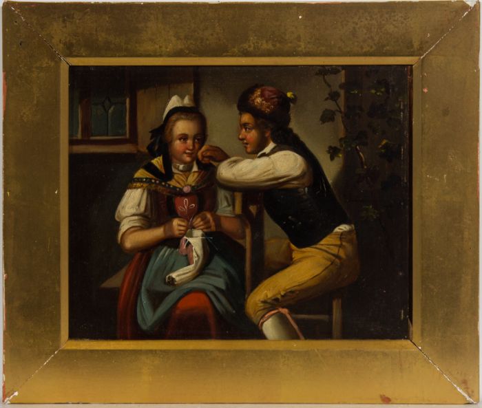 Fine Late 19th Century Oil - Young Bavarian Couple in an Interior