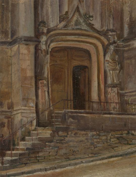 Fine c.1888 Oil - Gothic Church Entrance, Paris