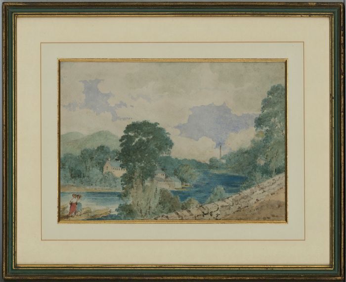 Framed Late 19th Century Watercolour - Riverside Stroll
