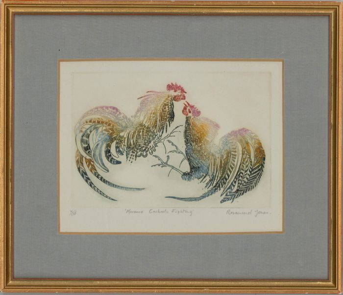 Rosamund Jones RE (b.1944) - Framed 20th Century Etching, Cockerels Fighting