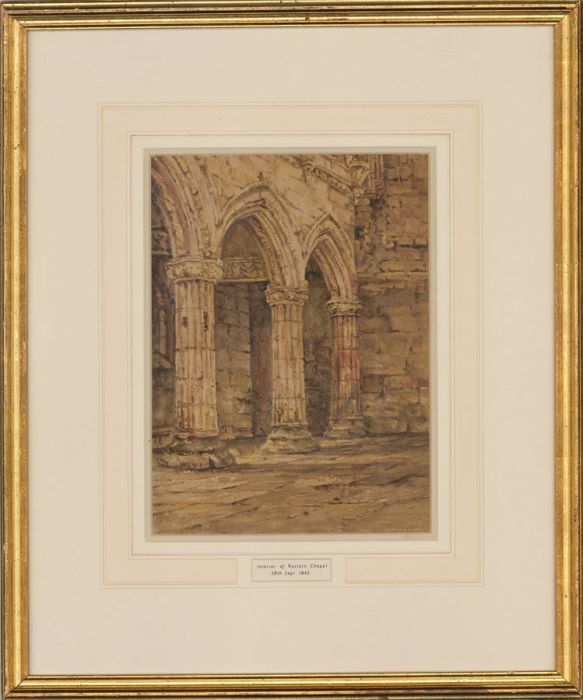 Fine Original 1843 Watercolour - Interior of Rosslyn Chapel