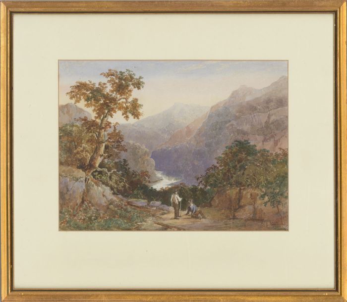 Framed Late 19th Century Watercolour - Valley landscape with Figures
