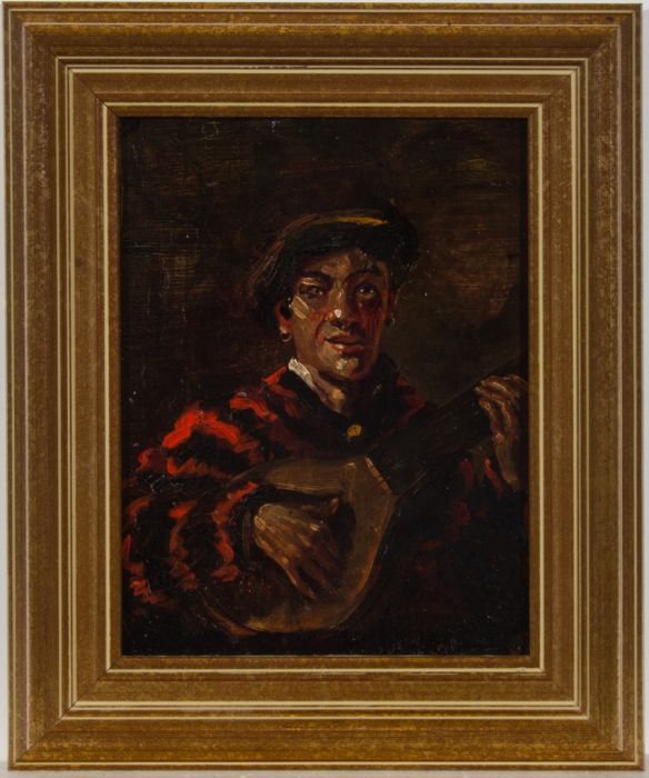 Fine Late 19th Century Oil - Spanish Man Playing a Lute