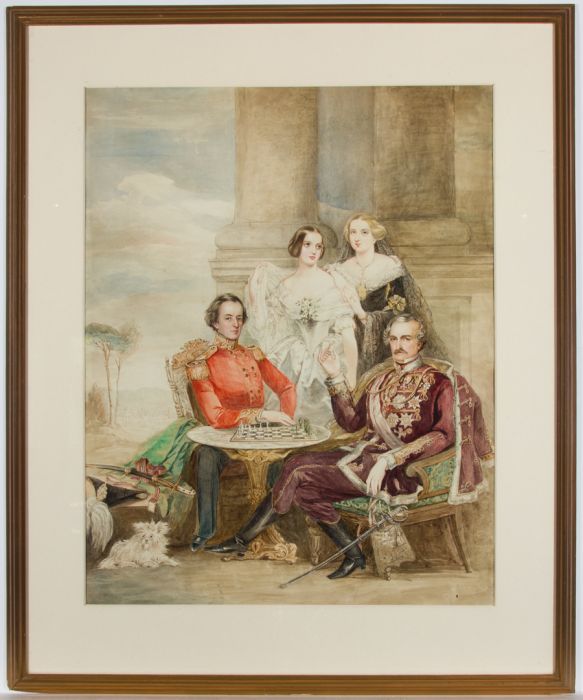 Framed 19th Century Watercolour - The Chess Game