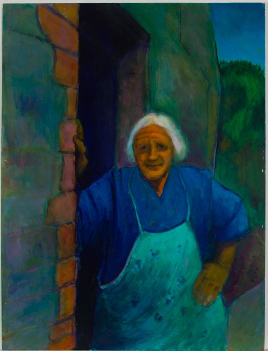 Edith Birkin (1927-2018) - 20th Century Oil, Blue Apron Woman