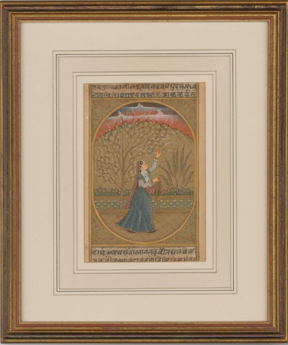 Indian Miniatures - Framed Late 19th Century Gouache, Gathering Blossom