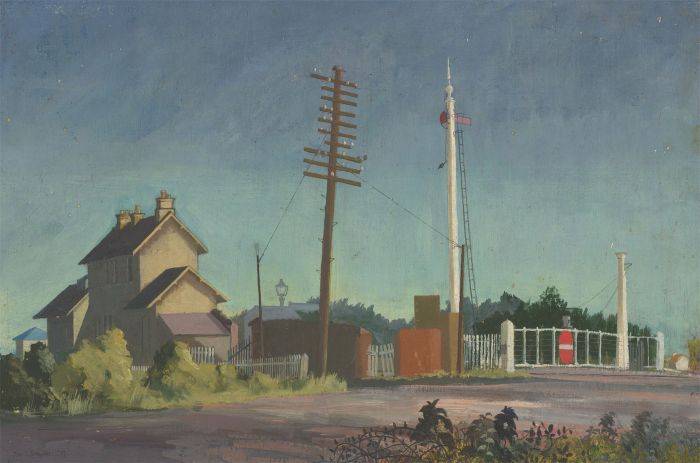 John Ivor Stewart PPPS (1936-2018) - Signed 1957 Oil, Railway Crossing