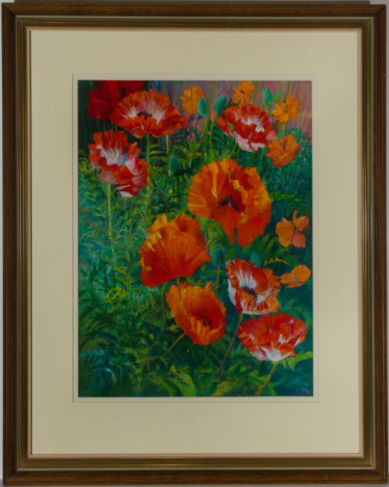 John Ivor Stewart PPPS (1936-2018) - Framed Pastel, Poppies and Orange Cosmos