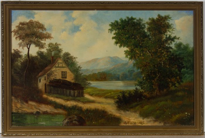 M. White - Signed & Framed 1885 Oil, Peaceful River Landscape