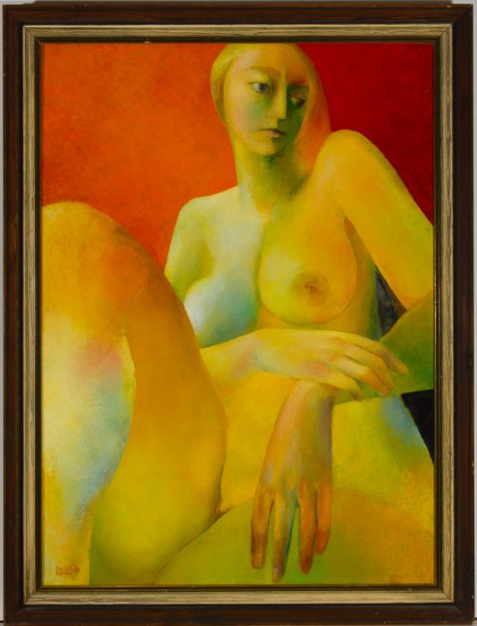 John Ivor Stewart PPPS (1936-2018) - 1980 Oil, Nude Study in Yellow & Orange