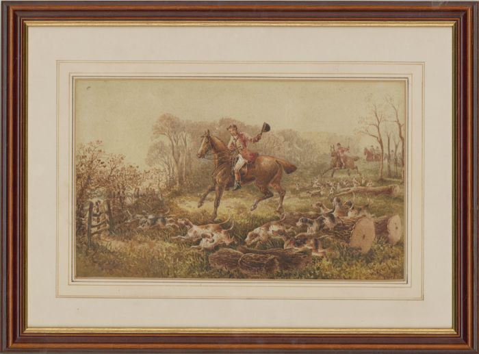 W.H. Temple - Framed 1867 Watercolour, Hunting Scene, Jumping the Fence
