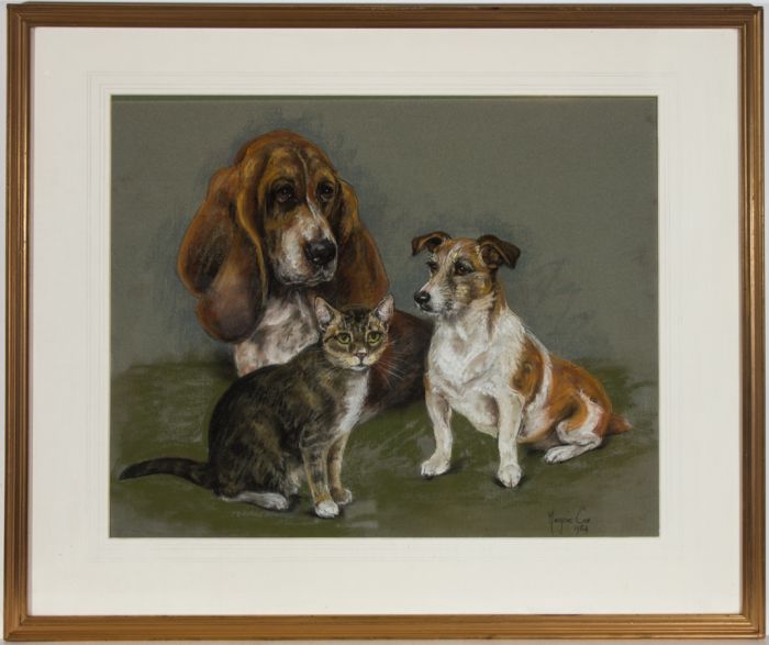 Marjorie Cox (1915-2003) - Signed 1984 Pastel, Portrait of Dogs and a Cat