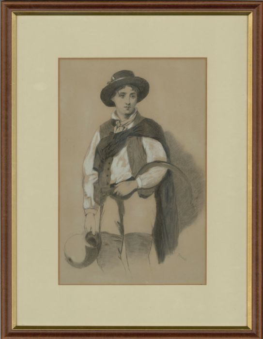 Wood - Signed & Framed 1884 Charcoal Drawing, Portrait of a Young Labourer