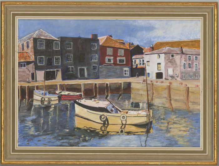 Barbara P. Morgan - Framed 20th Century Oil, Mevagissey Harbour