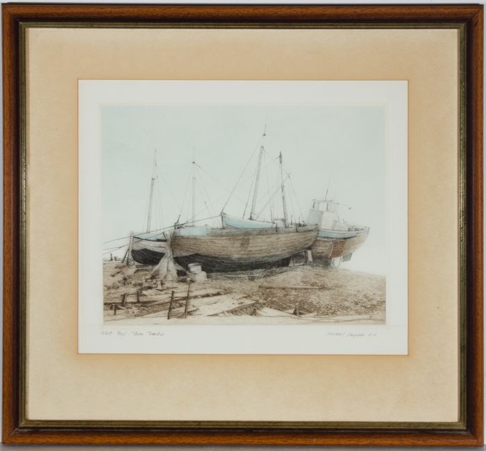 Michael Chaplin - Signed & Framed 20th Century Etching, Three Trawlers