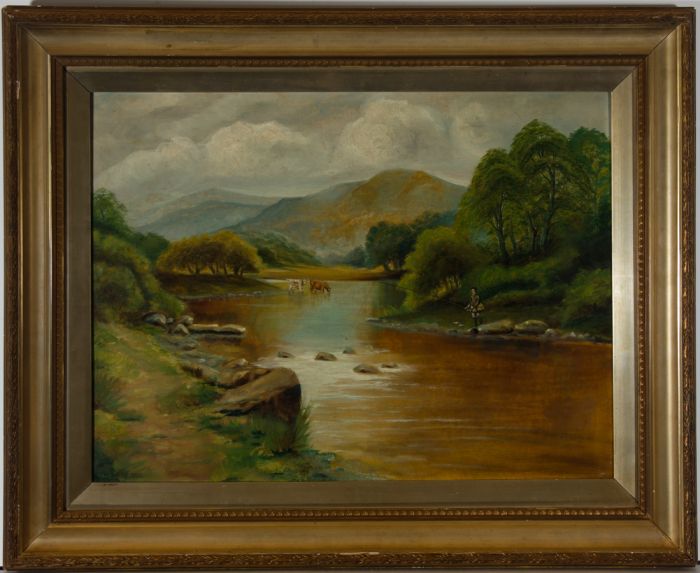 Framed Late 19th Century Oil - River Landscape with Fisherman
