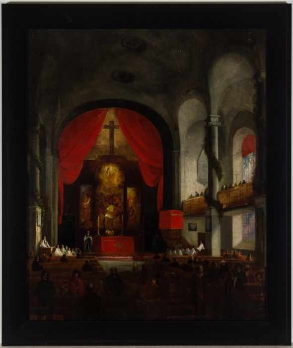 Fine Framed Early 19th Century Oil - American Church Interior at Christmas