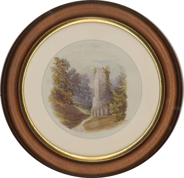 E.H.B - Framed 1864 Watercolour, Cockington Church, South Devon