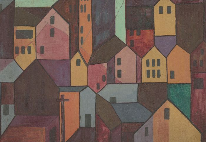 Malcolm J. Hitchcock RWA (1929-1998) - Mid 20th Century Oil, Abstract Town Scene