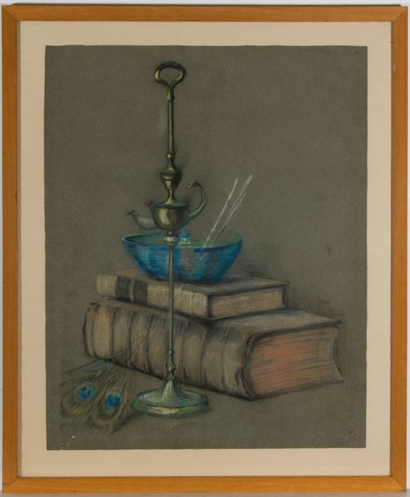 Framed Mid 20th Century Pastel - Still Life, Books & Peacock Feathers