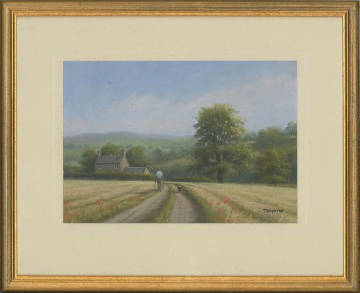 Tom Leighton - Signed & Framed Contemporary Pastel, Man Walking a Dog in a Field