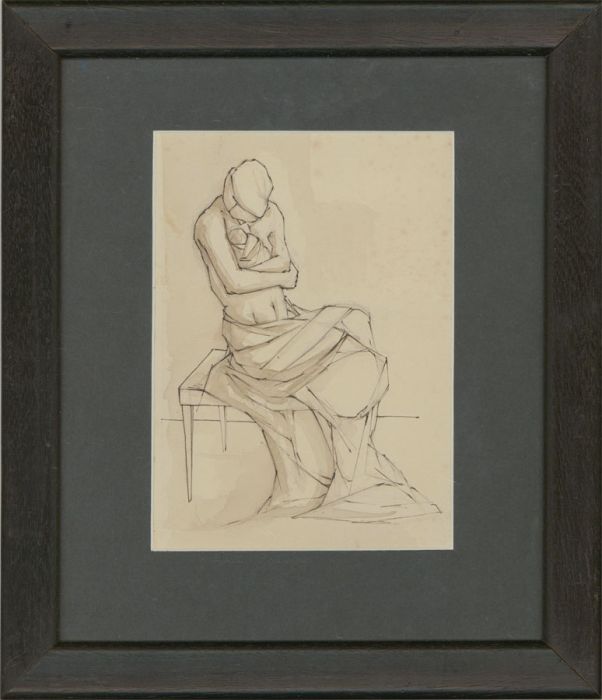 Framed Contemporary Pen and Ink Drawing - Mother & Child