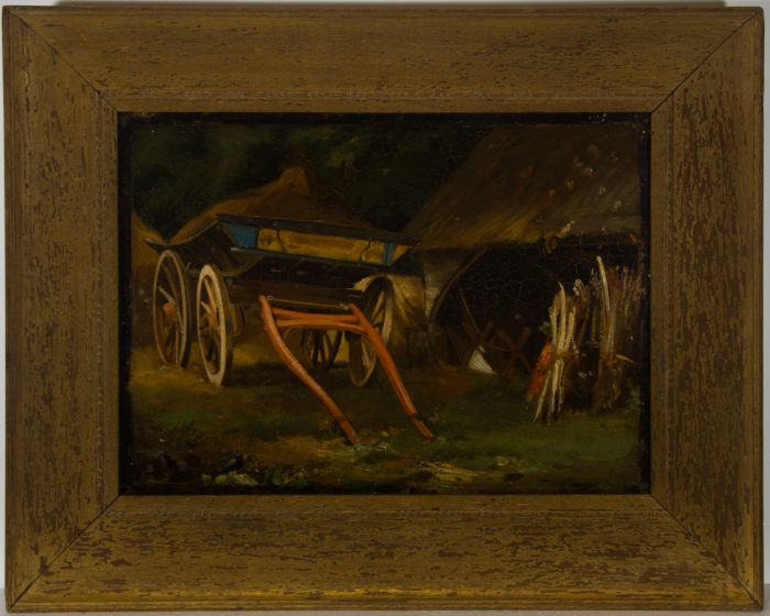 Framed 19th Century Oil - Haycart and Barn