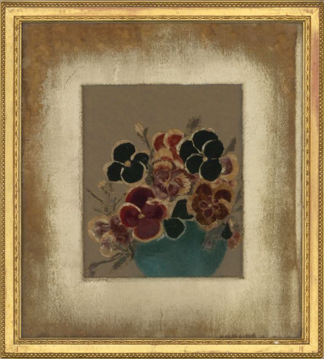 Framed Early 20th Century Velvet Collage Study - Pansies in a Bowl
