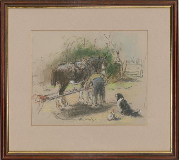 Nora Howarth - Signed 20th Century Pastel, Farmer Tending to a Shire Horse