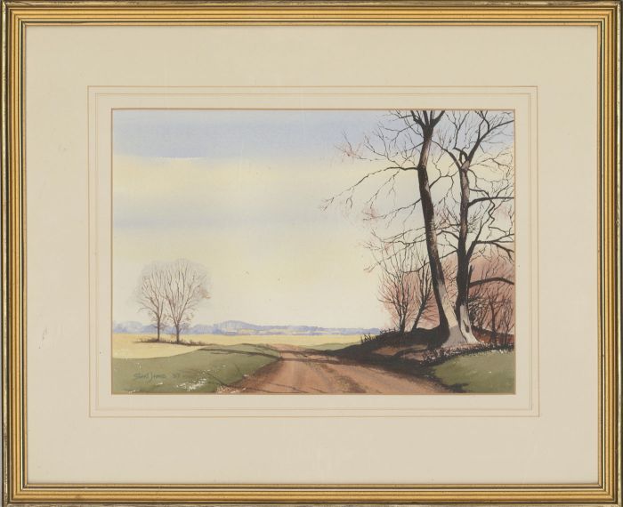 Stuart James - Signed & Framed 1987 Watercolour, Farmland Lane View