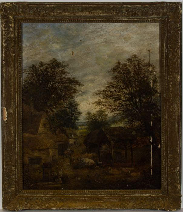 Henry Follenfant - Framed 1899 Oil, A Bustling Farmyard, For Restoration