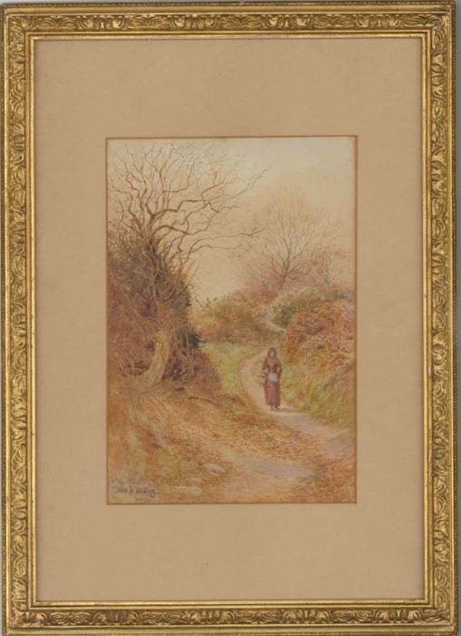Fred H. Dudley - Framed 1902 Watercolour, Autumnal Landscape with Female Figure