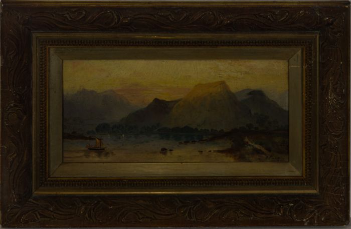 F. Pierce - Framed 1875 Oil, Mountain Landscape with Boat