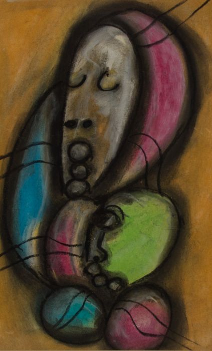 Sipho Mvemve - Framed 1997 Pastel, South African Abstract Portrait