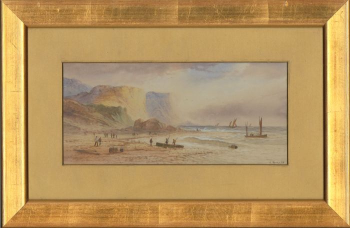 E. Lewis - 1899 Watercolour, Calm Coastal Scene with Figures