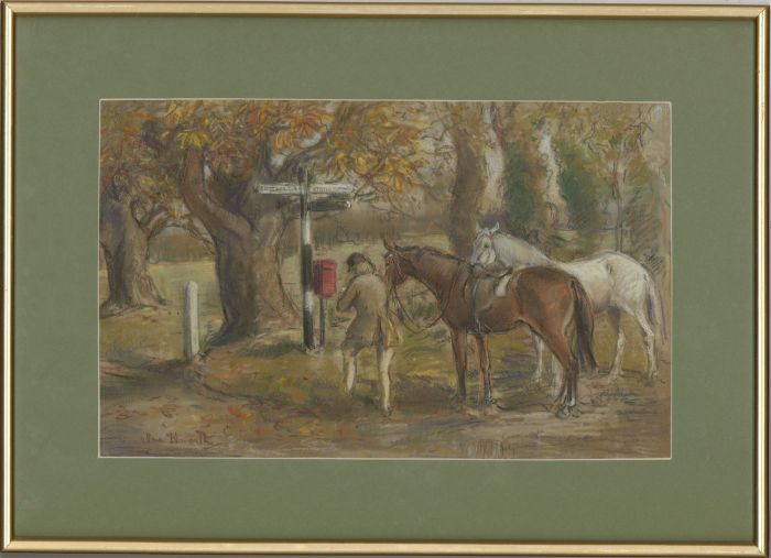 Nora Howarth - Signed & Framed 20th Century Pastel, Horses at the Crossroads